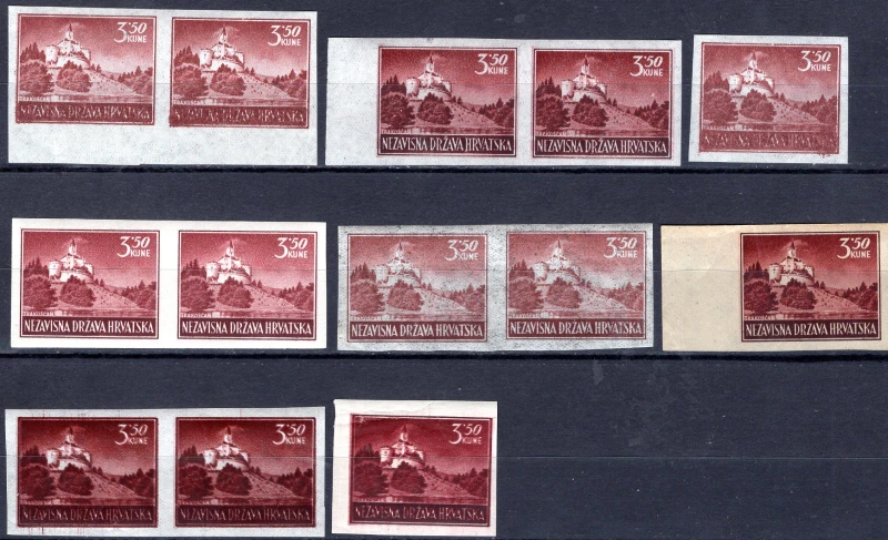 Imperforated proofs in various color shades and paper types